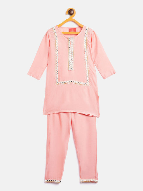 Sishu Girl's' Pink Viscose Kurta And Straight Pant Set